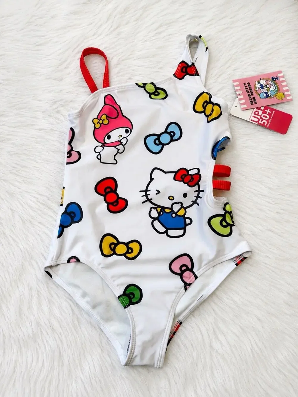 Hello Kitty And Friends Sanrio One-Piece Swimsuit Girls White M 7/8 NWT SPF 50+